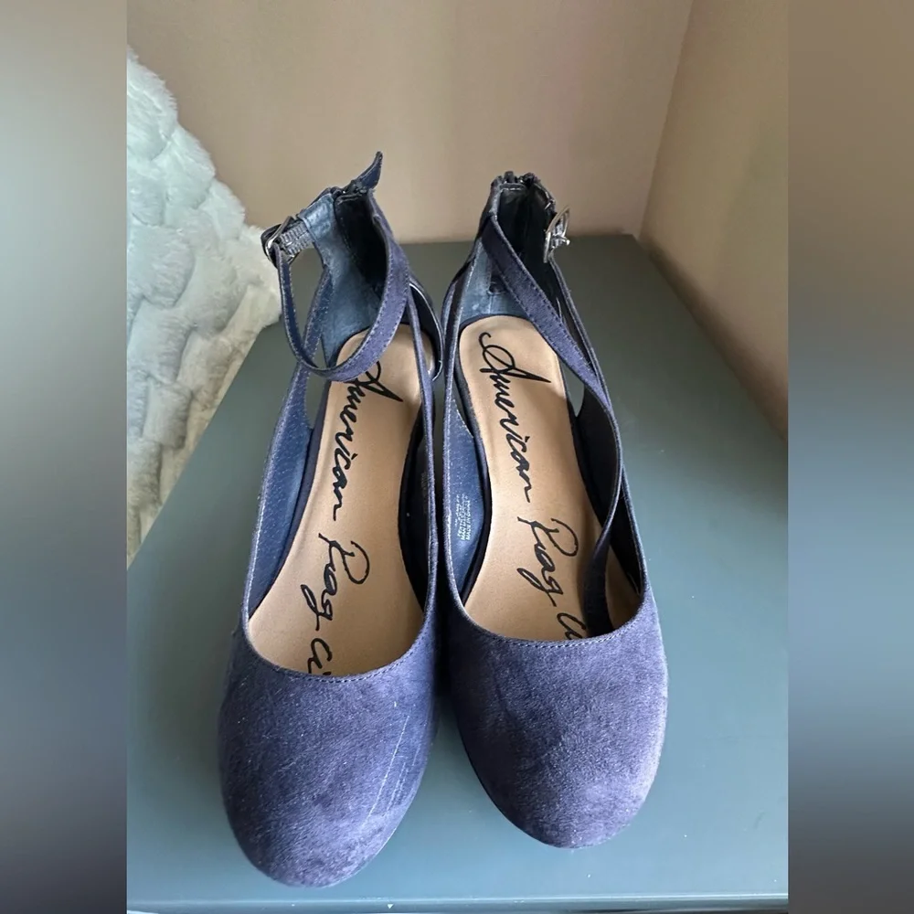 Arden B. Sofia Wedge Heels Navy Blue Ankle Strap Pumps Size 8.5 👠✨